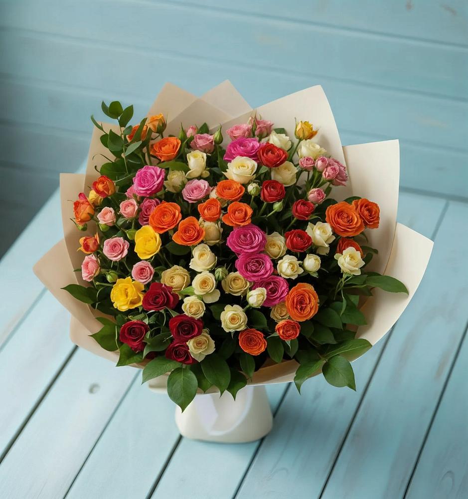 Букет Микс из разноцветных кустовых роз в Темижбекском