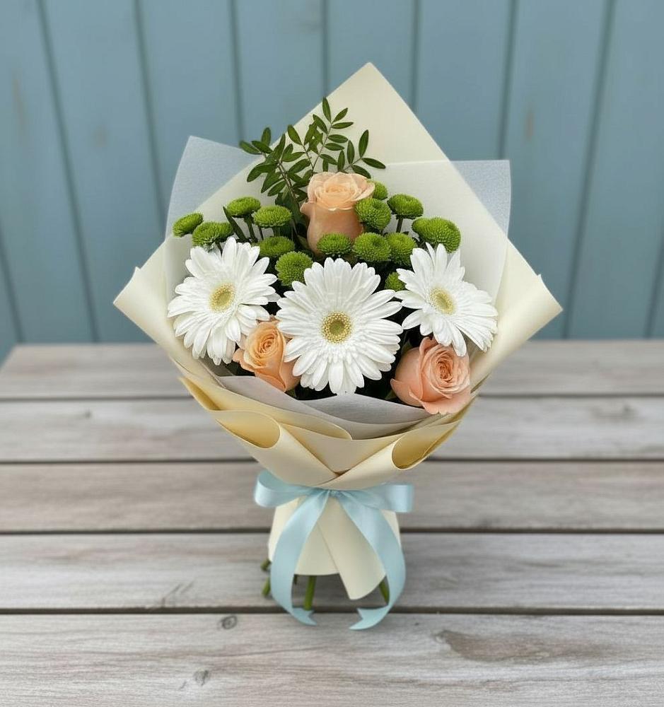 Букет цветов из: Герберы, Розы и Хризантемы в Темижбекском