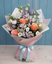 Букет цветов из:  Лизиантусы, Розы, Альстромерии и Гипсофила в Темижбекском