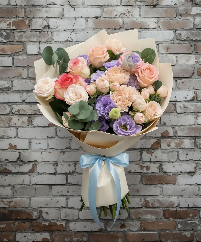 Букет цветов из: Розы, Лизиантусы и Гвоздики в Темижбекском