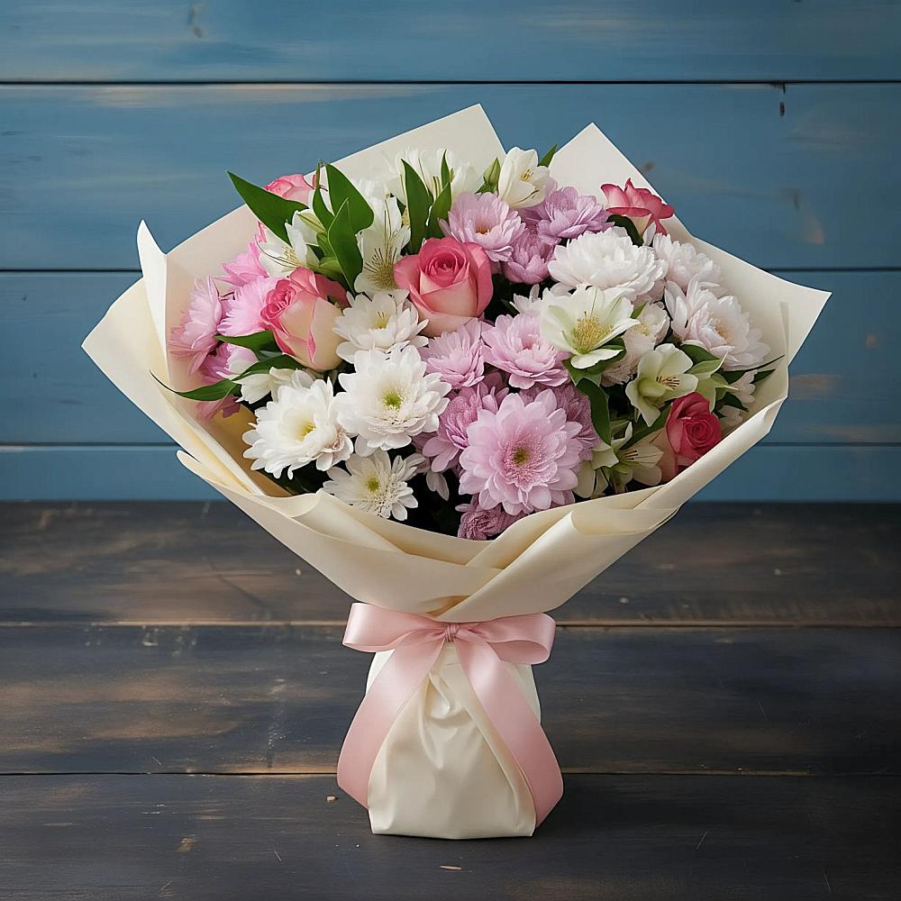 Букет цветов из: Хризантемы, Альстромерии и Розы в Темижбекском